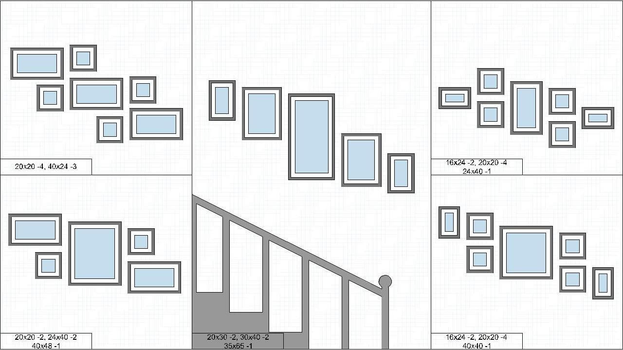 Расположение фоторамок на стене разного формата в интерьере