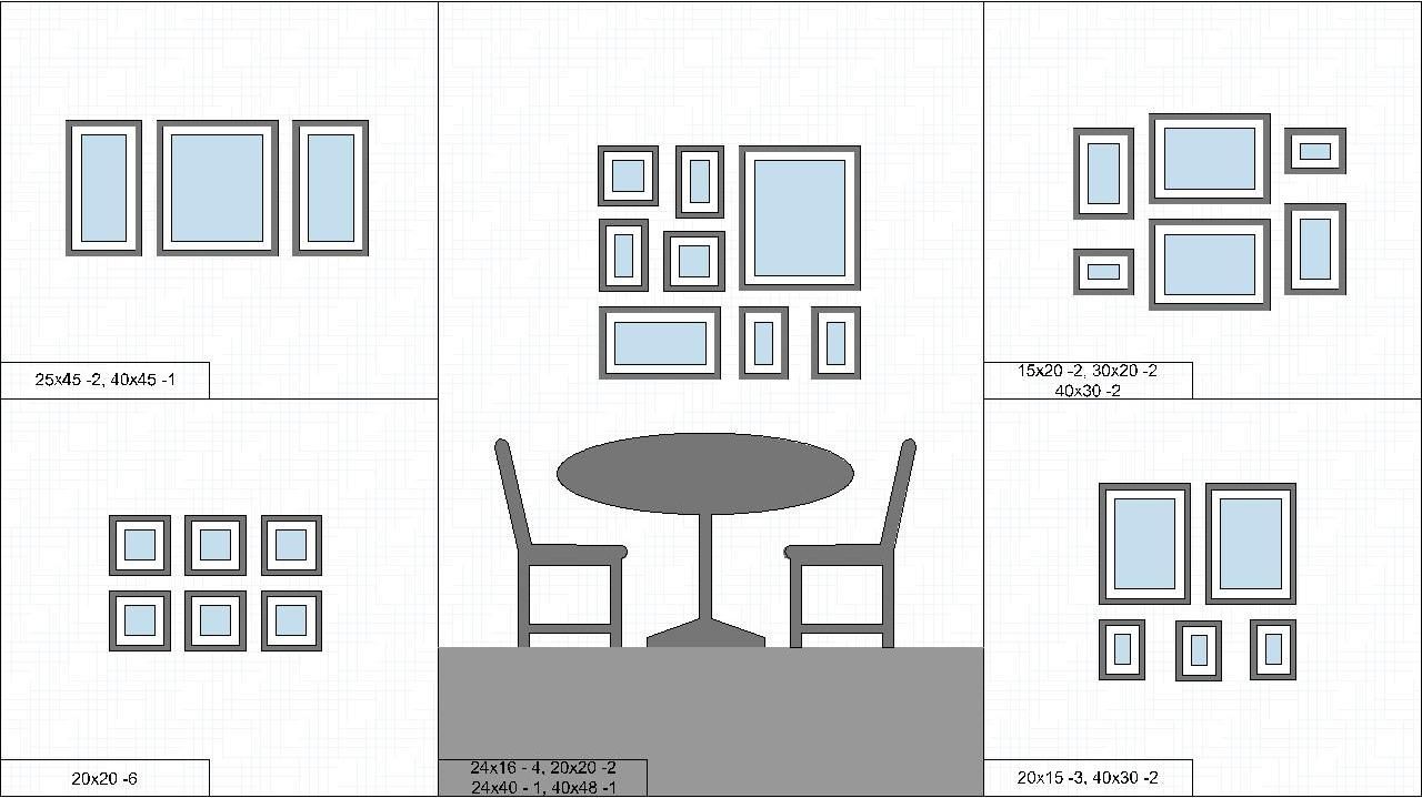 Расположение фоторамок на стене разного формата в интерьере