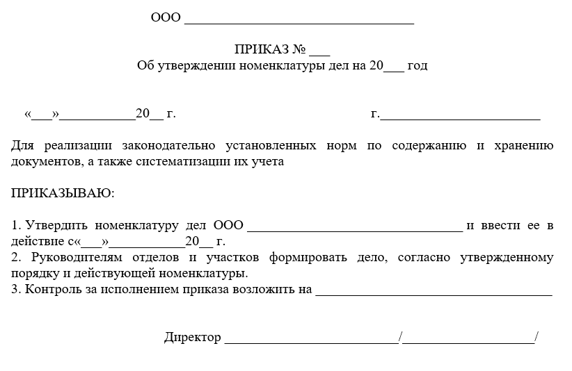 Приказ о номенклатуре дел в организации образец